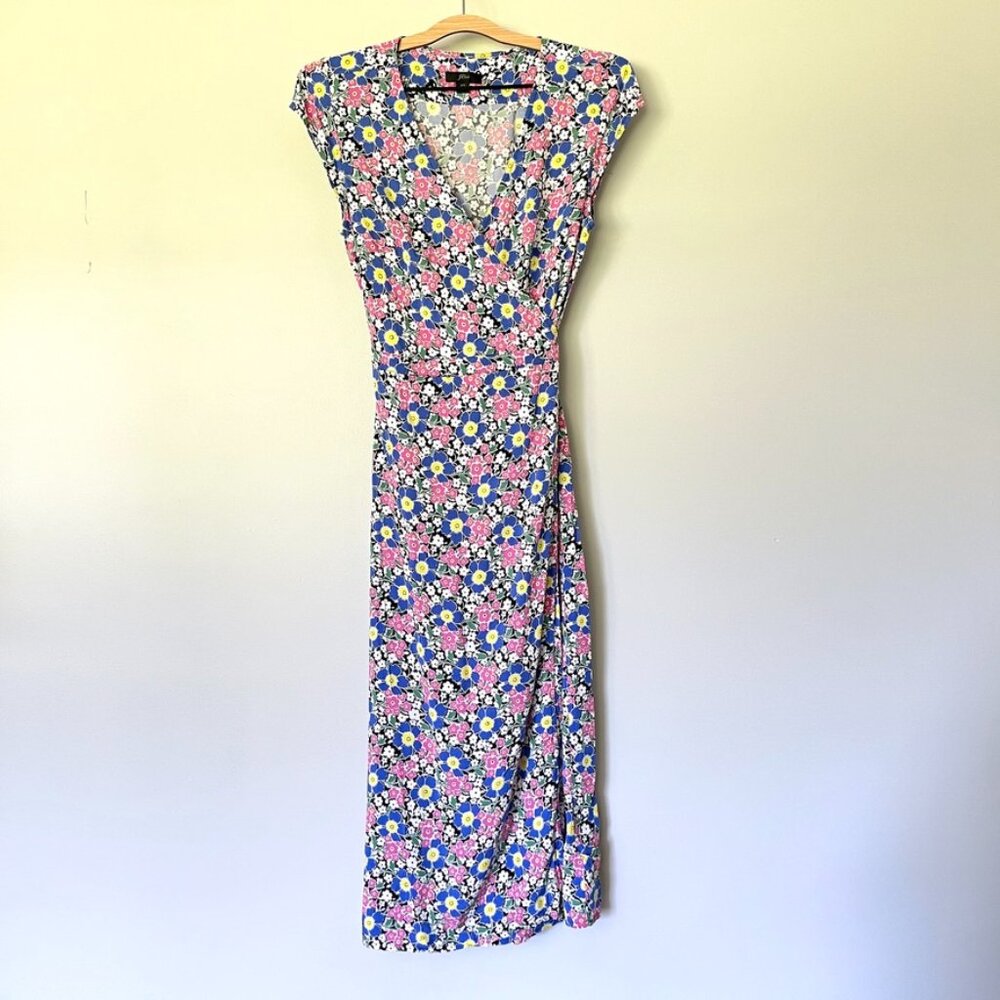J. Crew Dress Size XS Midi Wrap In Soft Rayon Blue And Pink Flowers Short Sleeve